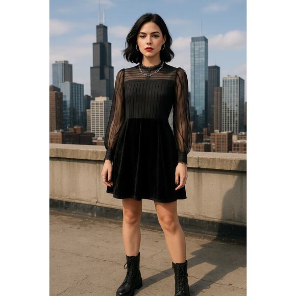 Black Velvet Mesh High Neck Dress | City Girl Goth Evening Vibes - Picture 13 of 13
